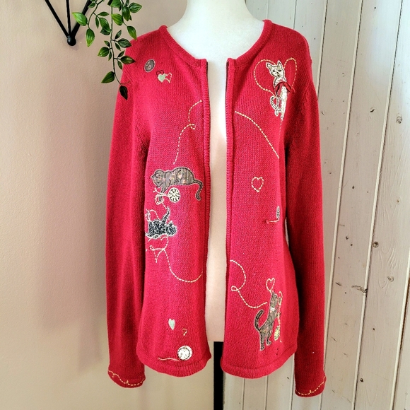 VINTAGE 80's CAT LOVERS COTTON CARDIGAN RED - Picture 2 of 8